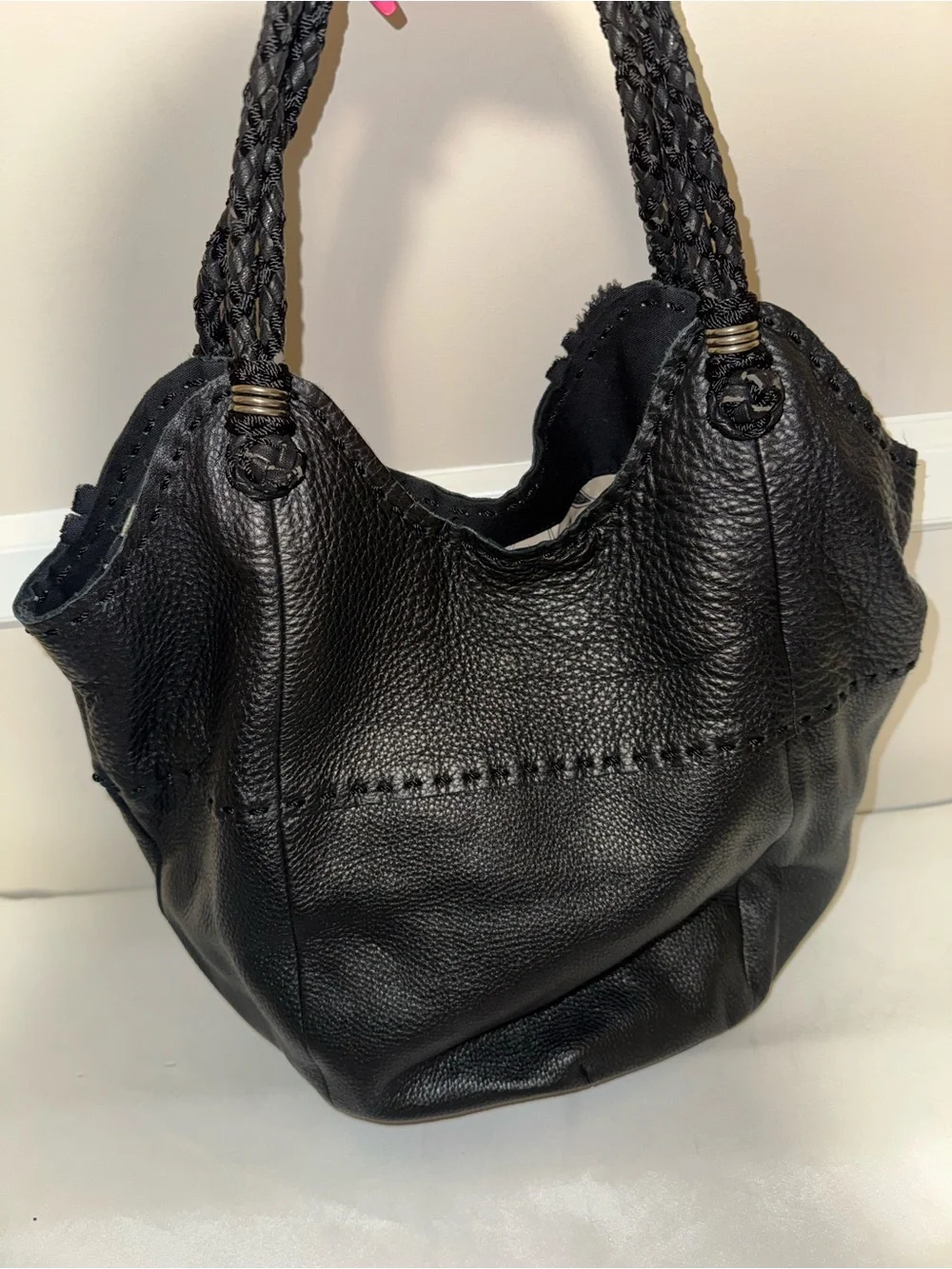 The Sak Black Leather Braided-Handle Women's Tote Bag